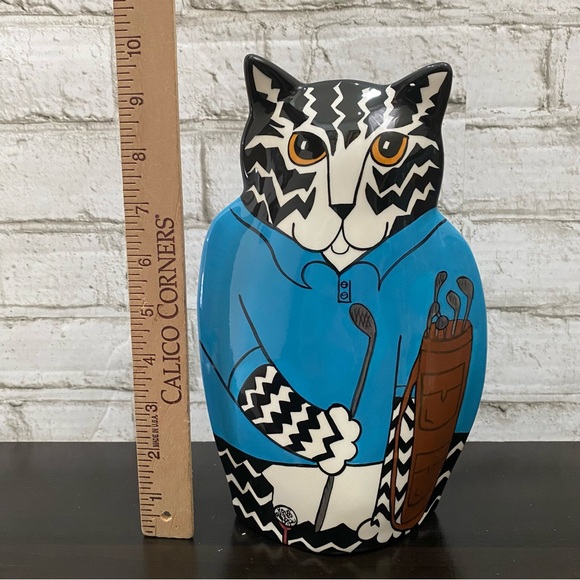CATS by Nina Lyman Blue Ceramic Cat Golfer 9.5” Planter Vase - Picture 6 of 15